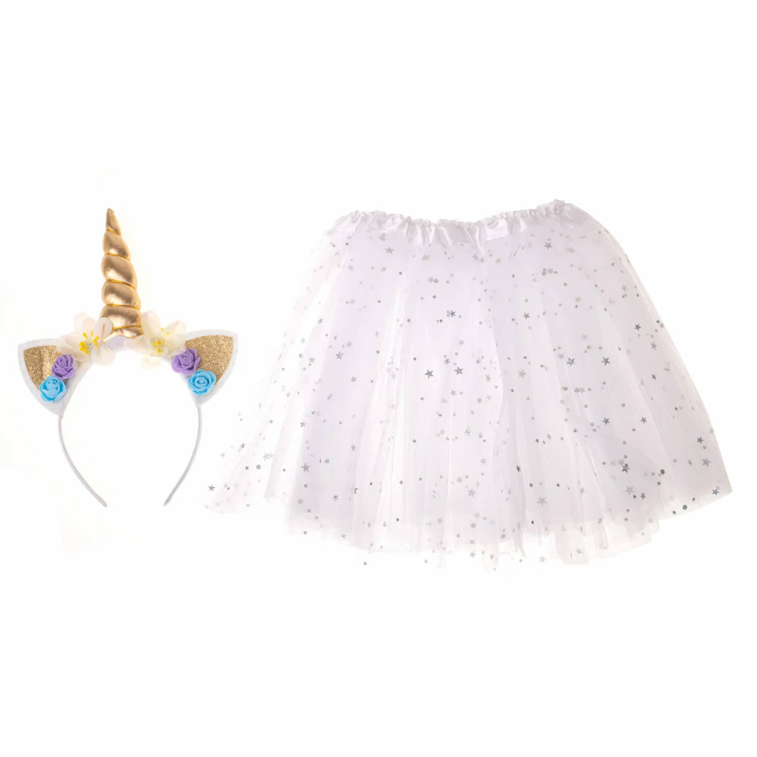 Kinder verkleedkleren / carnaval outfit unicorn glitters met tutu wit - Verkeedset voor kinderen - Met haarband en tutu