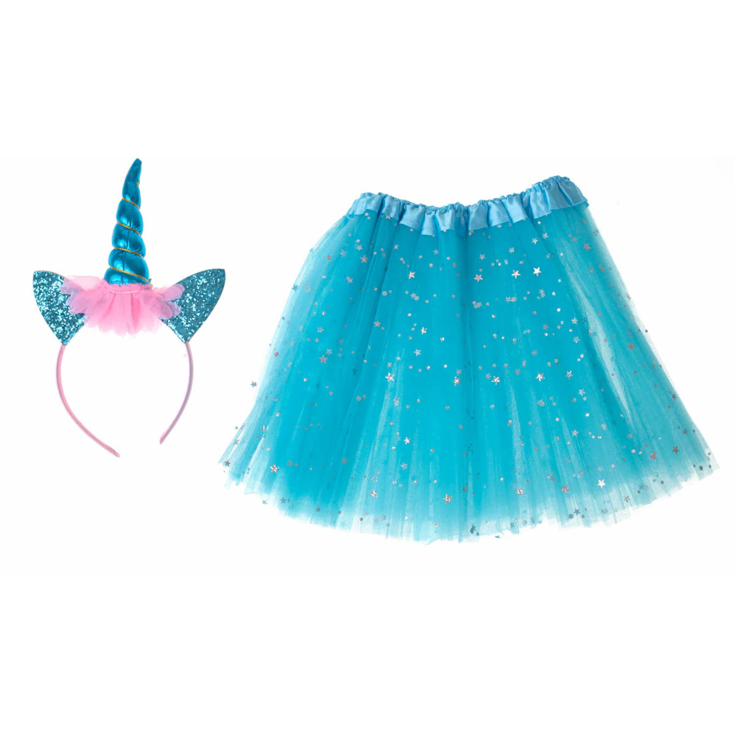 Kinder verkleedkleren / carnaval outfit unicorn glitters met tutu blauw - Verkeedset voor kinderen - Met haarband en tutu