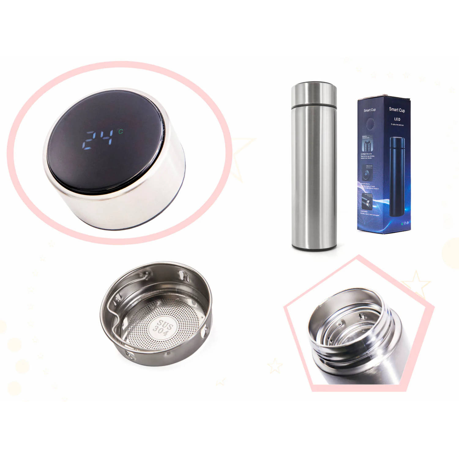 Thermos mok smart LED 500ml zilver thermosfles isoleerkan -