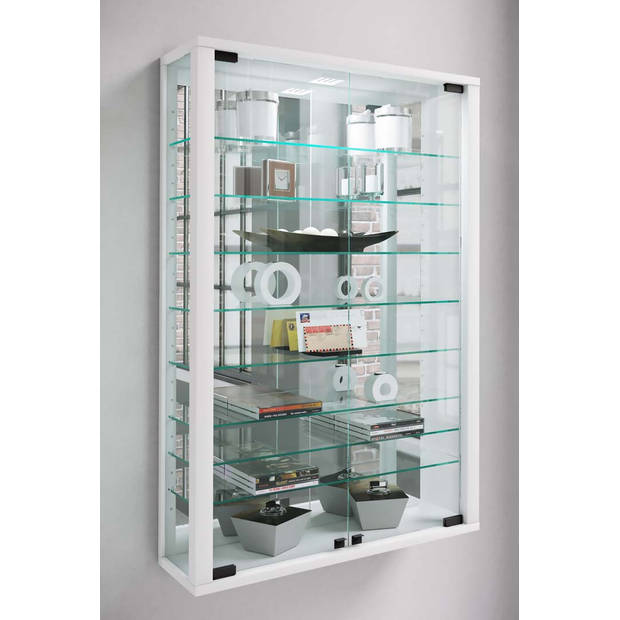 VitrosaMini vitrinekast wandmontage met spiegel 2 glazen deuren Incl. LED-verlichting wit.