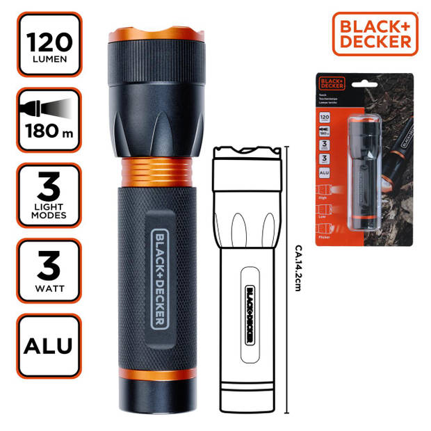 BLACK+DECKER LED Zaklamp 120 Lumen - 3W - 180M Bereik - 3 Lichtstanden: Hoog, Laag, Pulserend - Zwart/Oranje