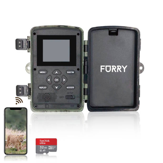 Furry Wildcamera met nachtzicht - 2.7K & 48MP - Incl. 32GB sd kaart - Met wifi en app - IP66 Waterproof