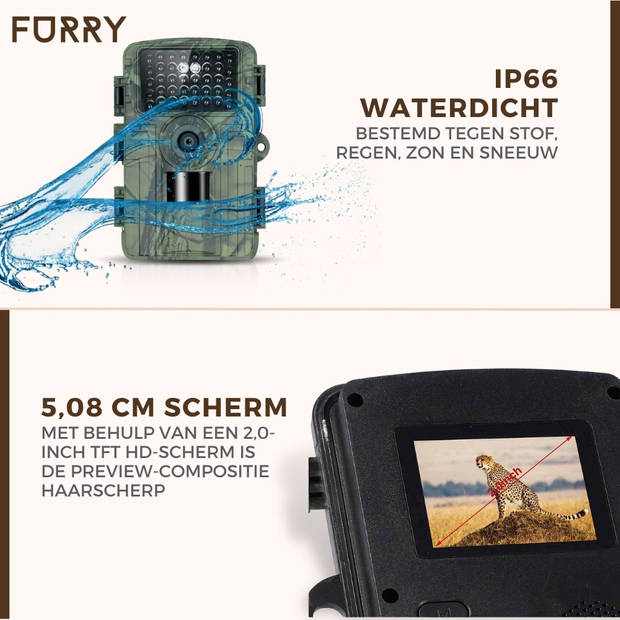 Furry Wildcamera met nachtzicht - 2.7K & 48MP - Incl. 32GB sd kaart - Met wifi en app - IP66 Waterproof
