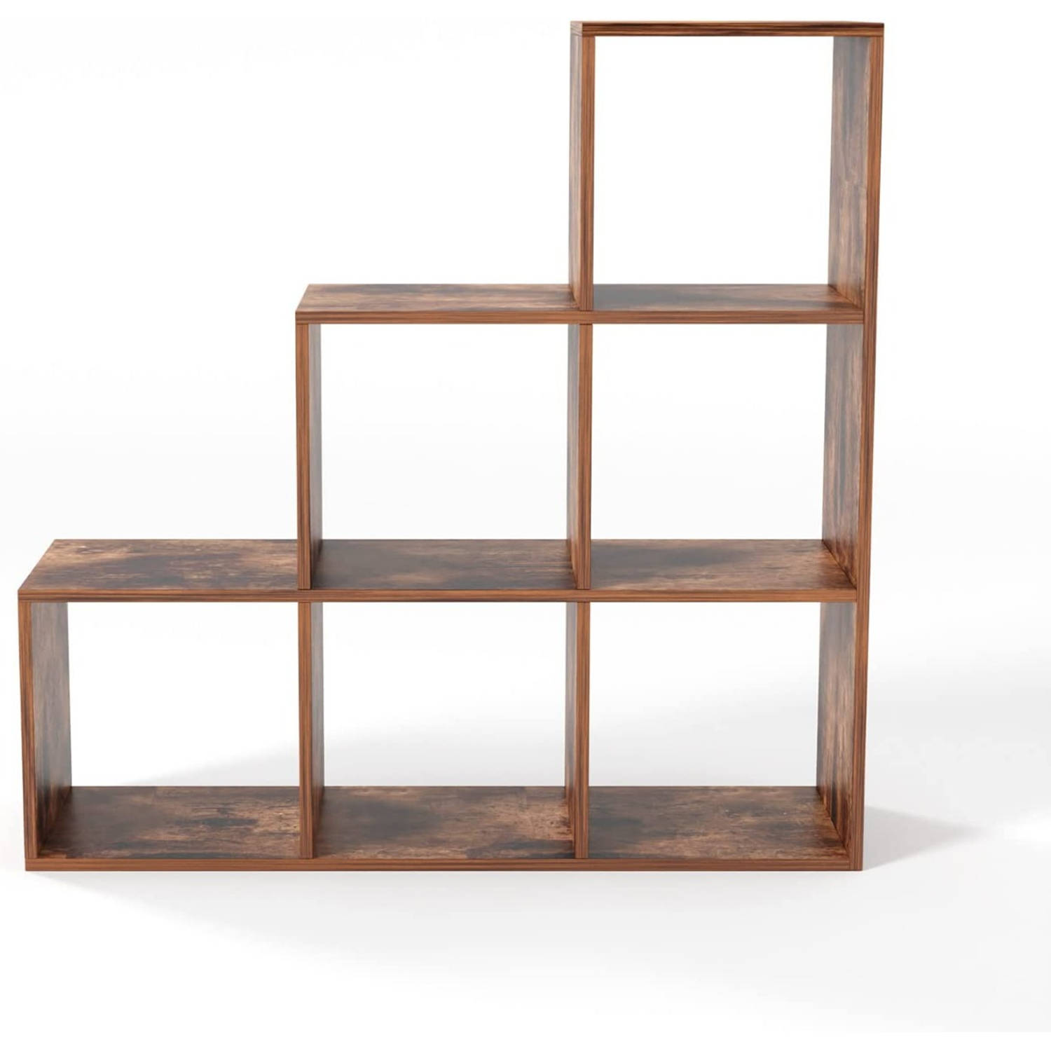 MIADOMODO- opbergrek- roomdivider- vintage bruin hout- 6 vakken-voor woonkamer- stabiel - vrijstaand- trapvormig rek-...