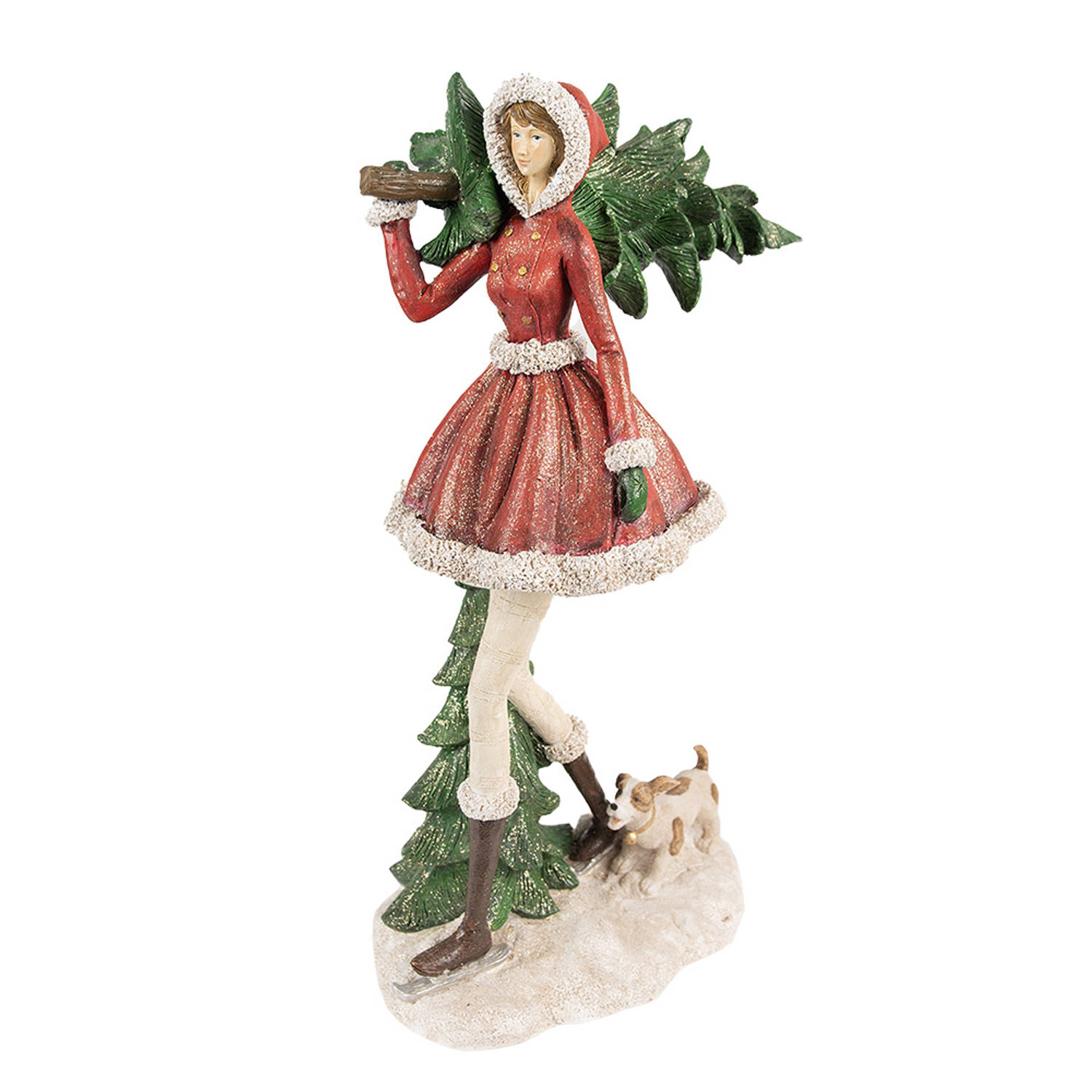 Clayre & Eef Beeld Meisje 25x17x43 cm Rood Groen Polyresin Kerstdecoratie