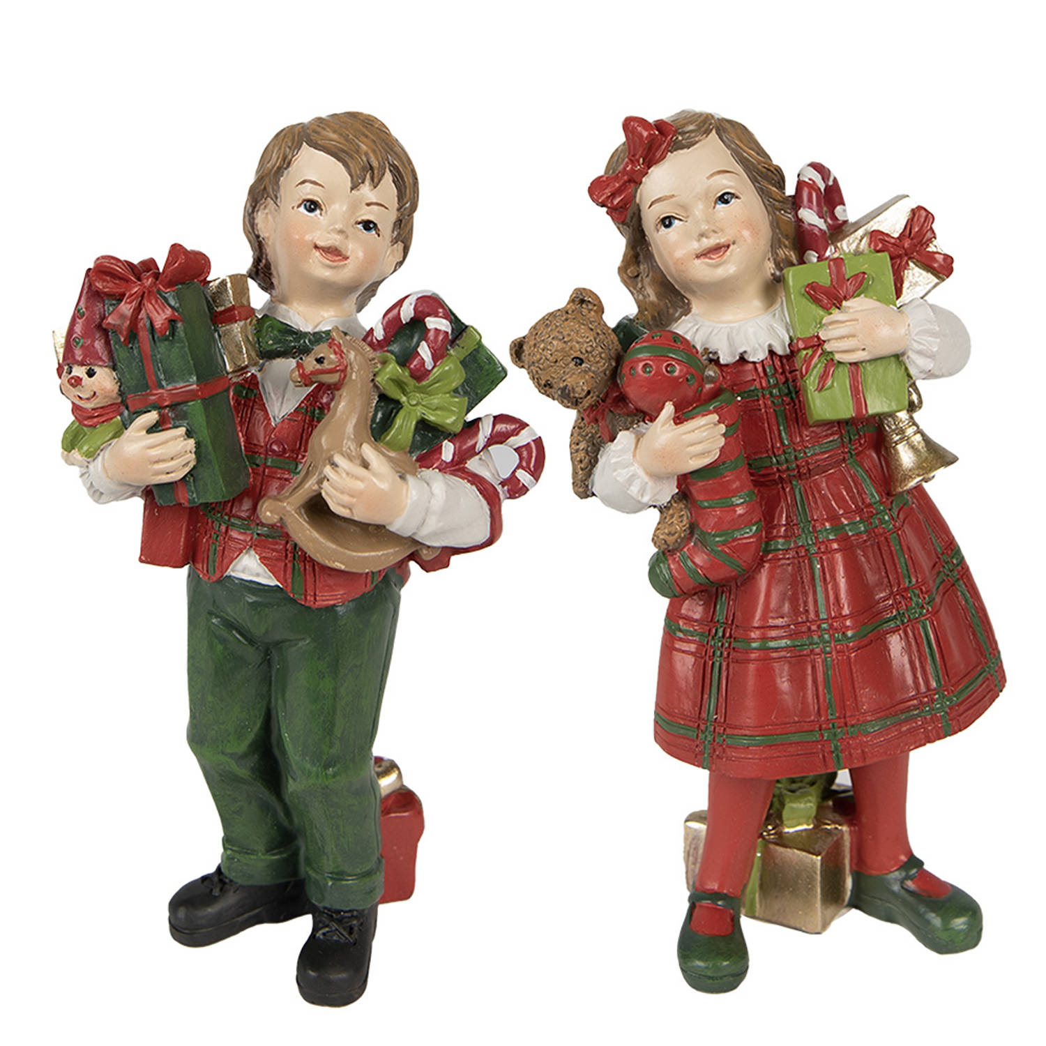 Clayre & Eef Decoratie Beeld Kinderen set van 2 / 13 cm Rood Groen Polyresin Kerstdecoratie