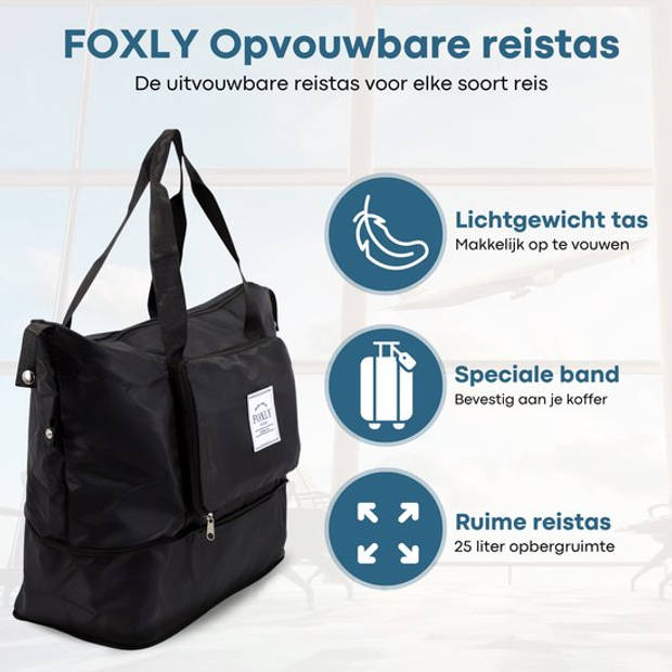 FOXLY® Opvouwbare Handbagage Reistas – Handbagage formaat - Reistas - Opvouwbaar Tot 28 x 18 cm – Zwart