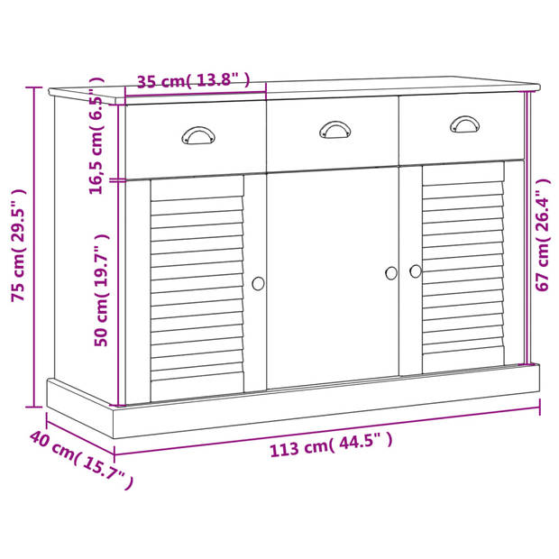 vidaXL Dressoir met lades VIGO 113x40x75 cm massief grenenhout wit