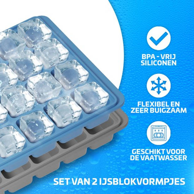Nince Siliconen IJsblokjesvorm met Deksel (2 Stuks) - 56 ijsblokjes - BPA Vrij - Blauw en Grijs