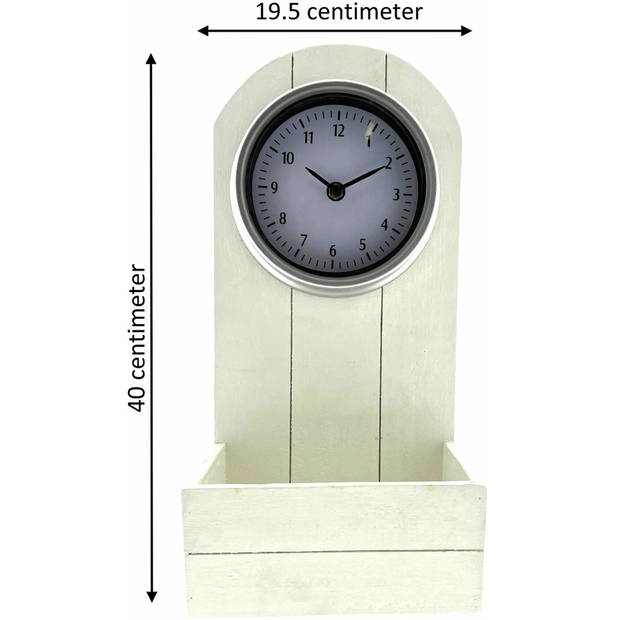 Buitenklok - Houten Plantenbak met klok - Buiten Gebruik - Wit - 40 x 19.5 x 13 cm