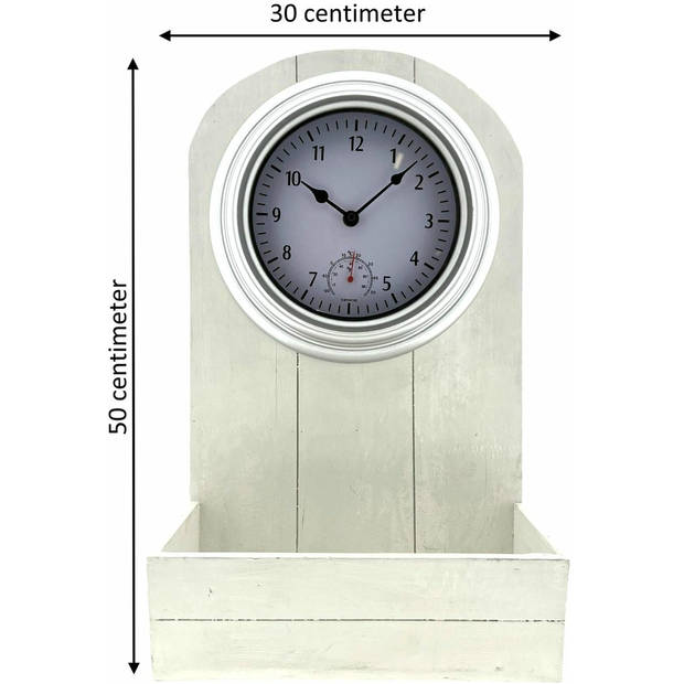 Buitenklok - Houten Plantenbak met klok en Thermometer - Buiten Gebruik - Wit - 50 x 30 x 15 cm