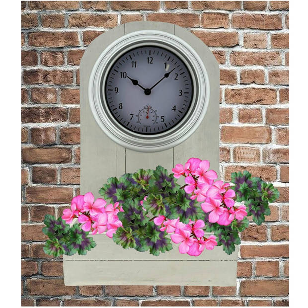 Buitenklok - Houten Plantenbak met klok en Thermometer - Buiten Gebruik - Wit - 50 x 30 x 15 cm