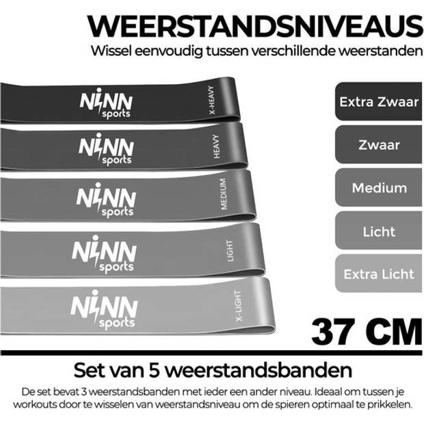 NINN Sports - Premium Weerstandsbanden Grijs - Set van 5 Resistance Banden - Fitness elastiek - Inclusief eBook