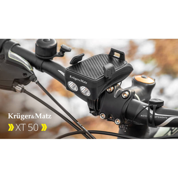 Kruger & Matz XT 50 fietstelefoonhouder met LED verlichting, powerbank 2000mAh en elektrische fietsbel