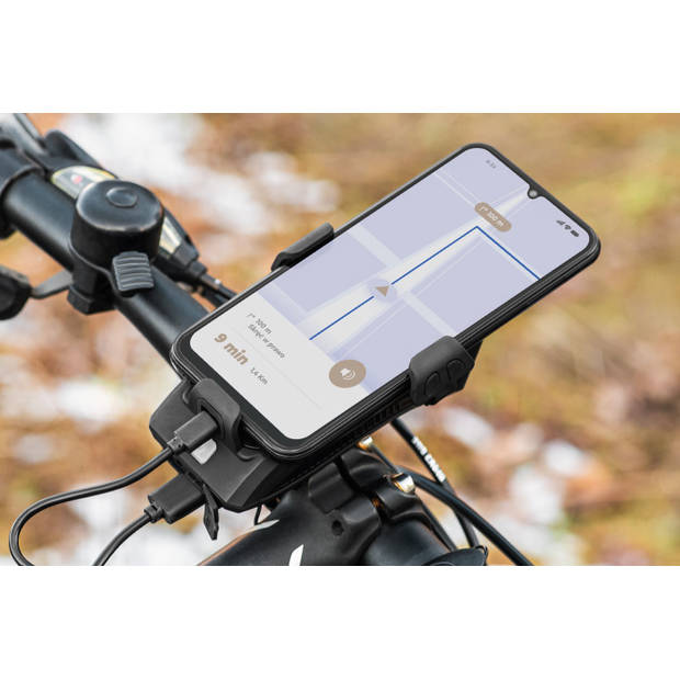 Kruger & Matz XT 50 fietstelefoonhouder met LED verlichting, powerbank 2000mAh en elektrische fietsbel