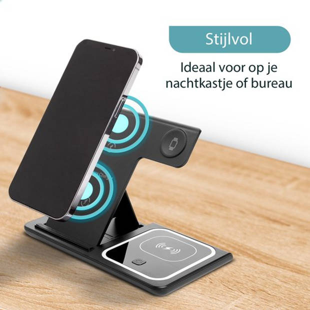 ForDig 3-in-1 Draadloze Oplader (Zwart) Docking Station - 15 Watt Snellader - Geschikt voor iPhone & Android Telefoon /