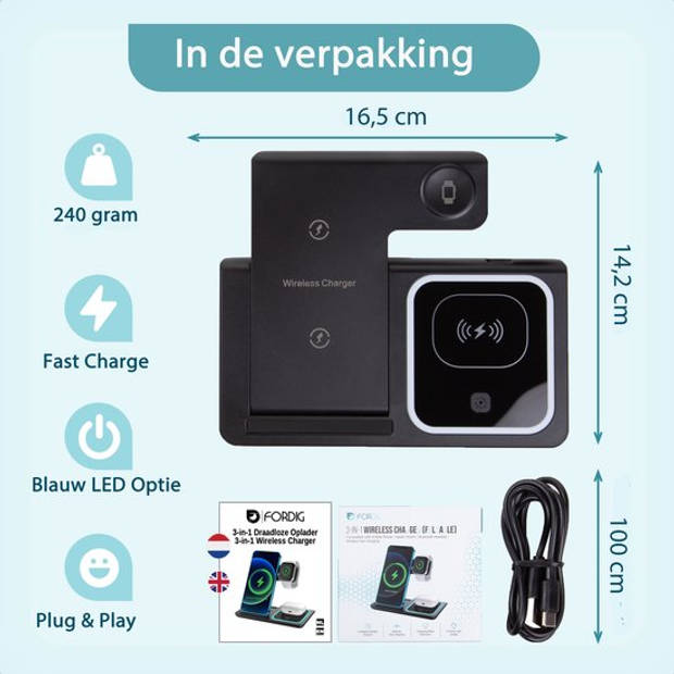 ForDig 3-in-1 Draadloze Oplader (Zwart) Docking Station - 15 Watt Snellader - Geschikt voor iPhone & Android Telefoon /