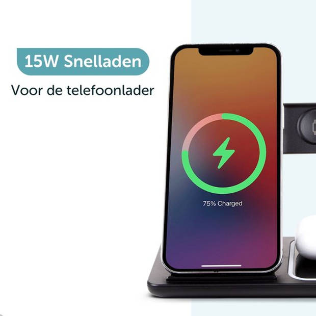 ForDig 3-in-1 Draadloze Oplader (Zwart) Docking Station - 15 Watt Snellader - Geschikt voor iPhone & Android Telefoon /