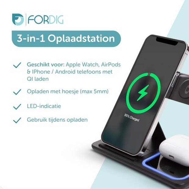 ForDig 3-in-1 Draadloze Oplader (Zwart) Docking Station - 15 Watt Snellader - Geschikt voor iPhone & Android Telefoon /