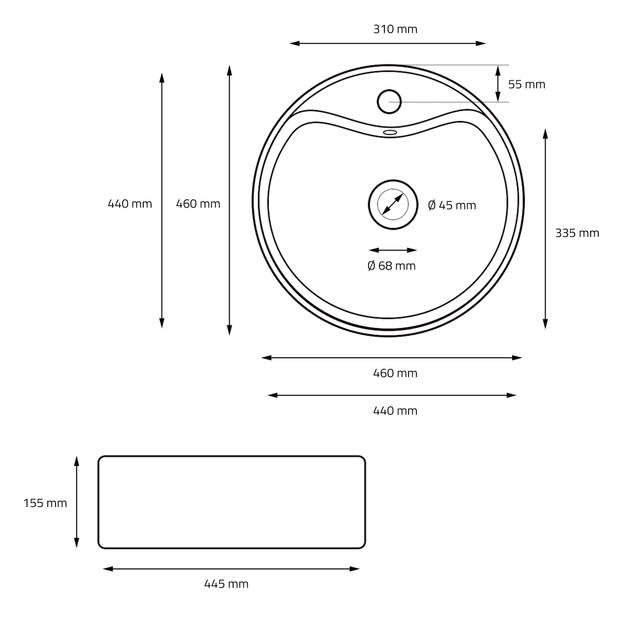 Wastafel 460 x 460 x 155 mm keramiek rond wit