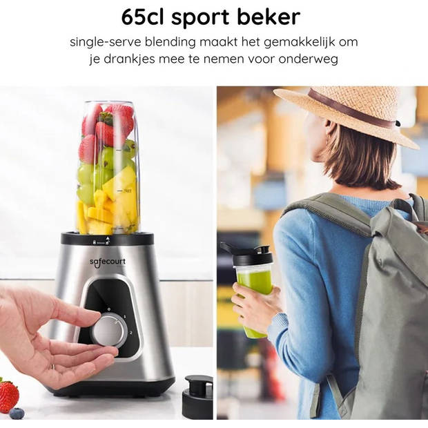 Safecourt Kitchen Sportblender - Krachtige 1200 Watt Blender met To-Go Beker - 3 Standen - RVS