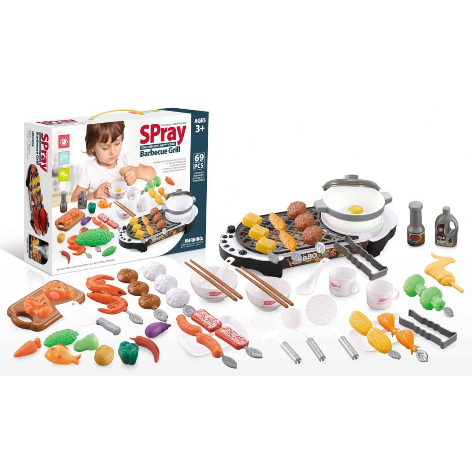 69 delige speelgoedkeuken accessoire set met grillplaat - Keukengerei met keuken benodigdheden - Etenswaren - Bakmiddelen - Met geluid en licht