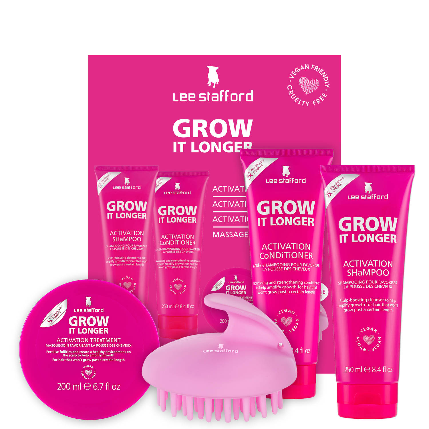 Lee Stafford Grow It Longer Set Shampoo, Conditioner & Haarmasker met Massageborstel Stimuleert Haar