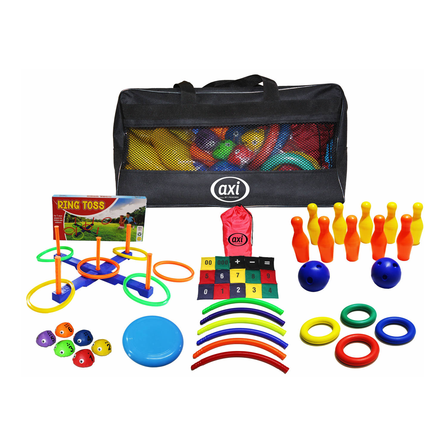 AXI Kids Activity Bag – Educatieve activiteiten tas voor kinderen – Ringwerpen – Bowlen – Frisbee – Hoelahoep - Pittenzakjes
