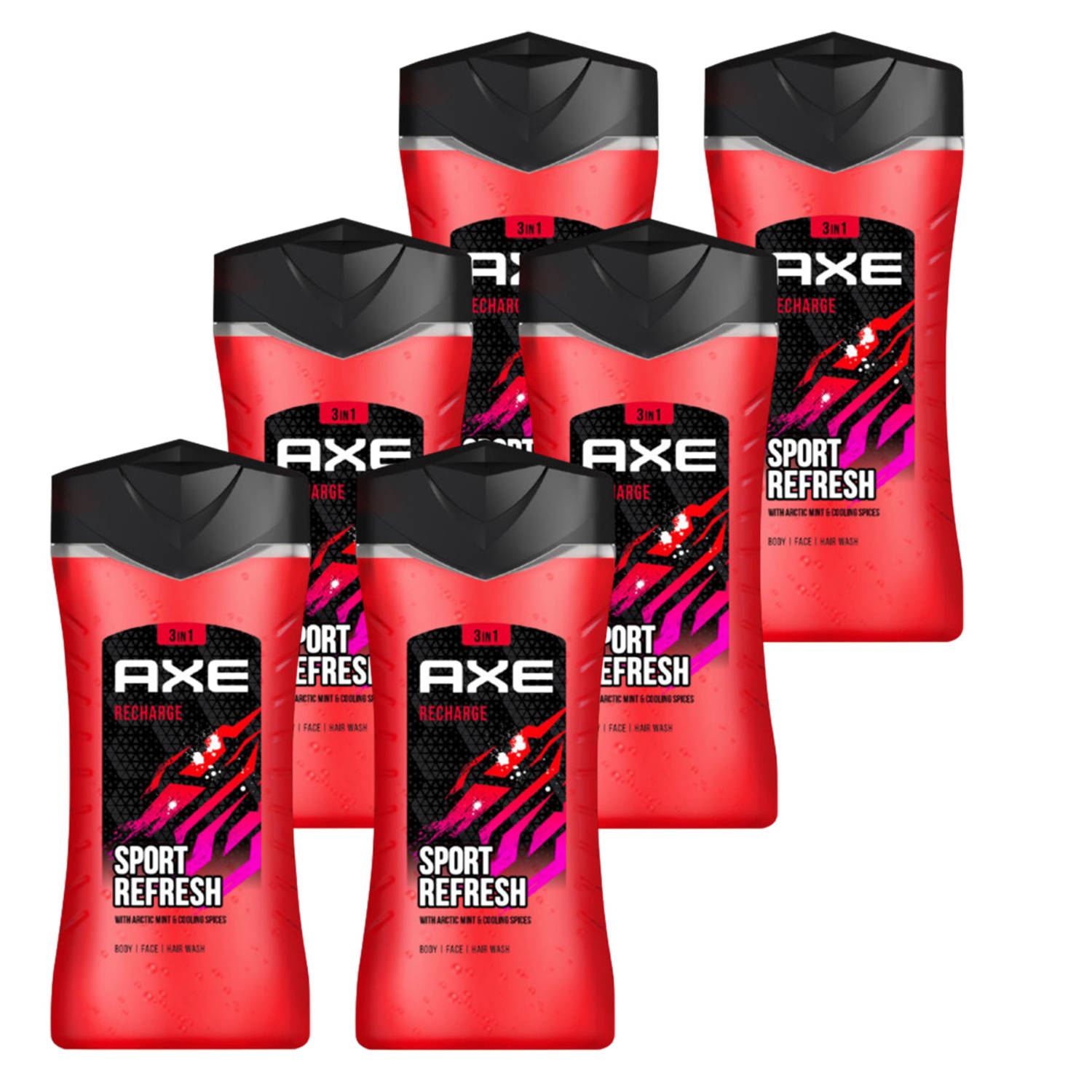 Axe 3-in-1 Douchegel, Facewash & Shampoo Sport Recharge 6 x 250 ml Voordeelverpakking