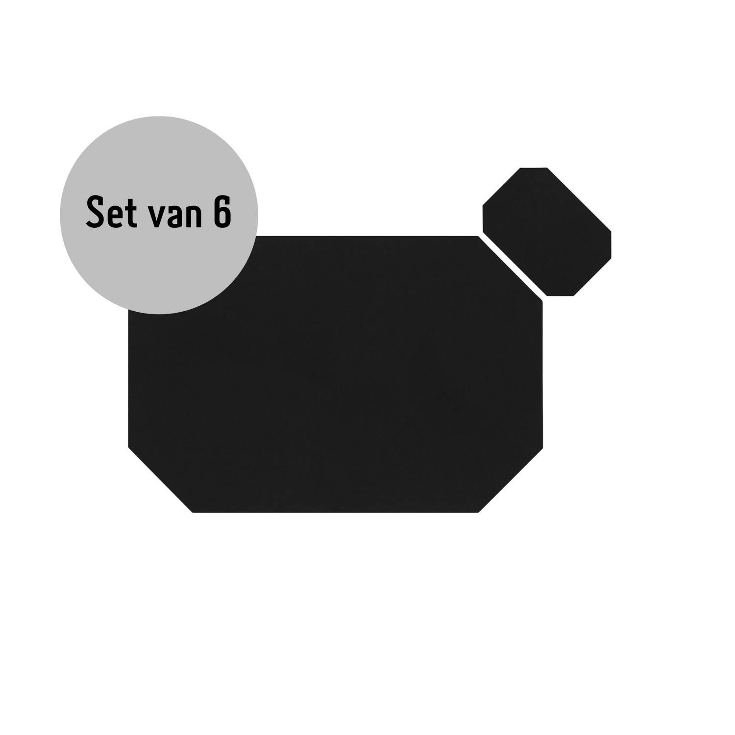 Krumble Placemat achthoekig + onderzetter PU Leder Zwart Set van 6