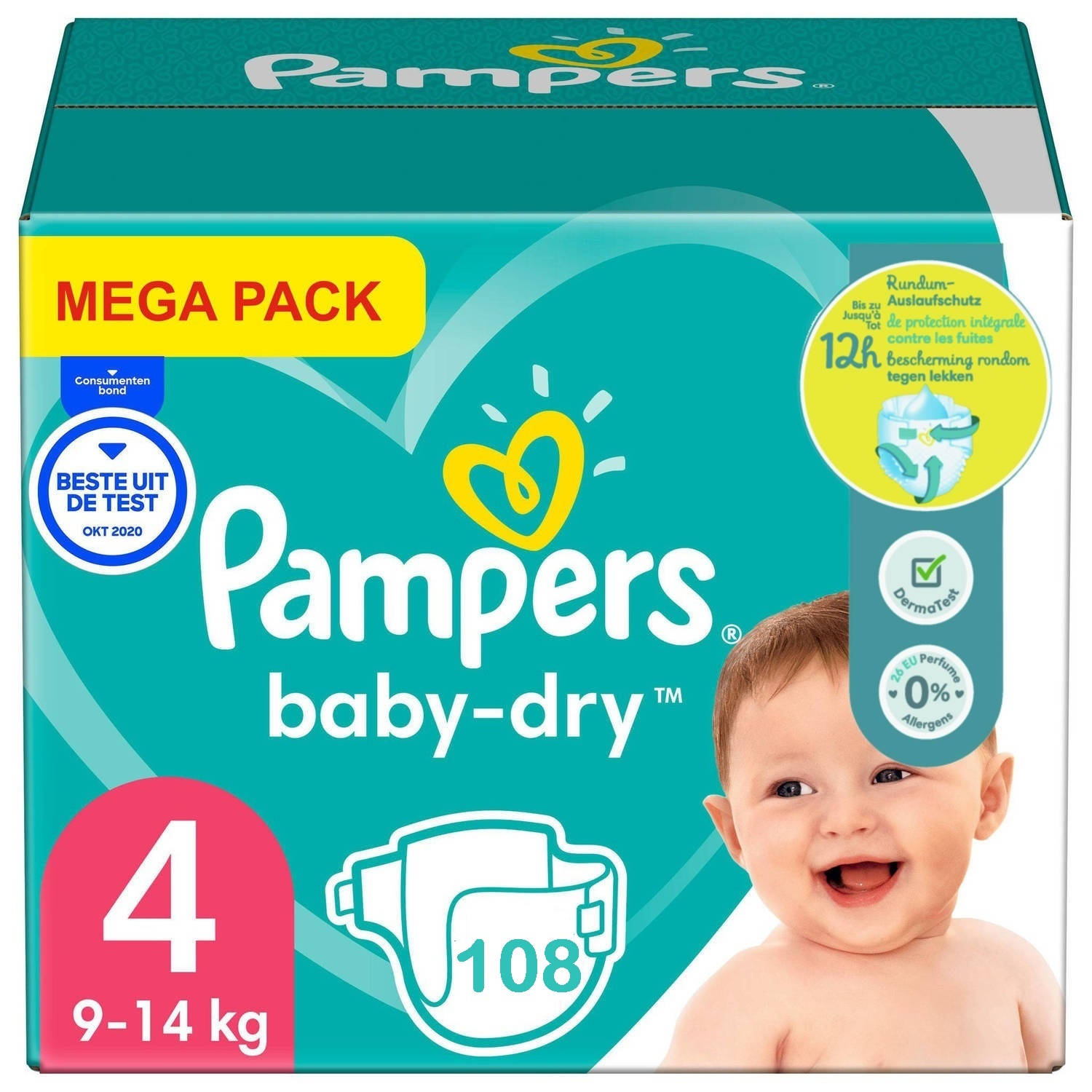 Pampers Baby Dry Maat 4 Mega Pack 108 luiers 9-14 KG