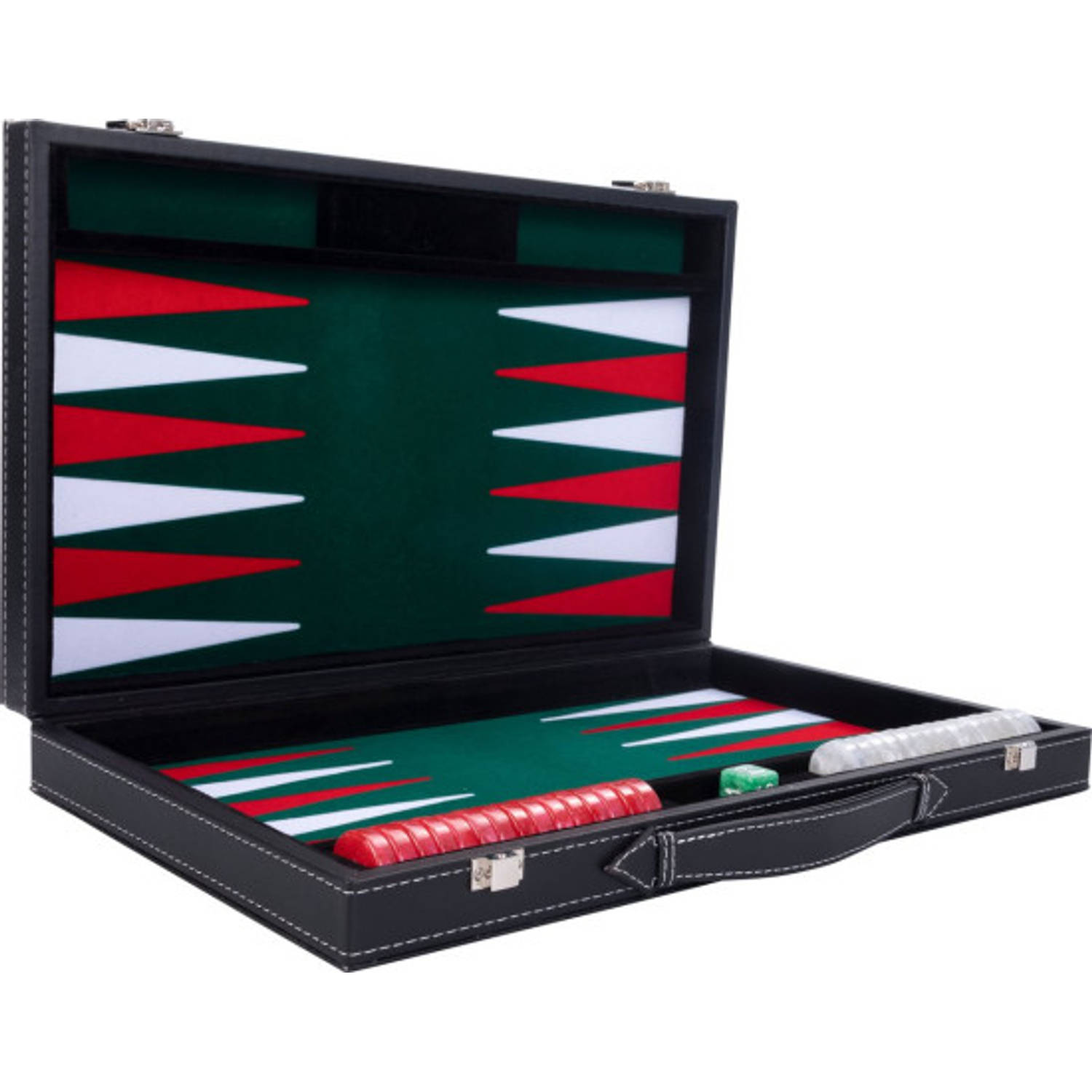 Backgammon 18 inch groen/rood/wit ingelegd vilt