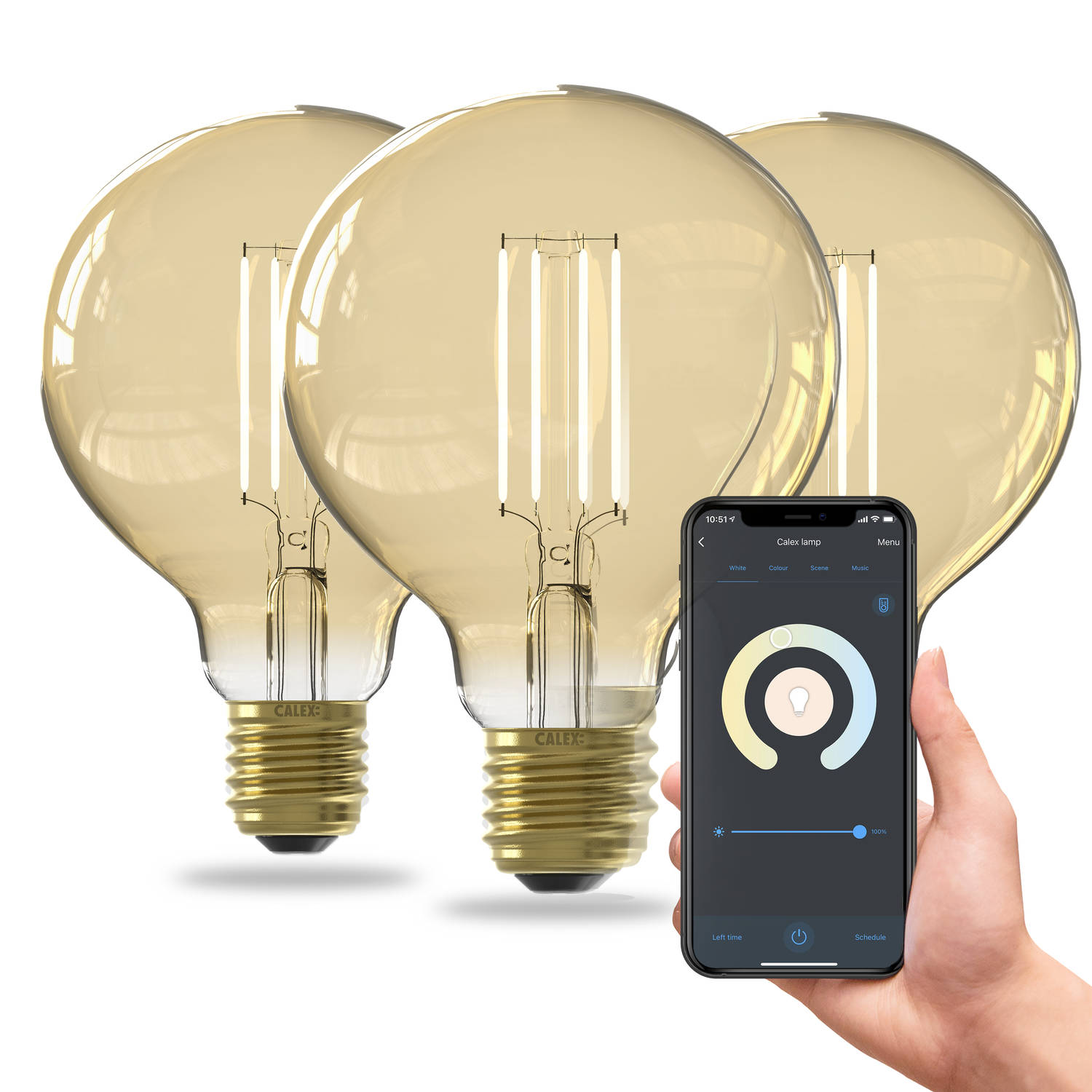 Calex Slimme LED Lamp - Set van 3 stuks - Wifi Filament Verlichting - Globe 9,5cm - E27 - Smart Lichtbron Goud- Dimbaar - Warm Wit licht - 7W