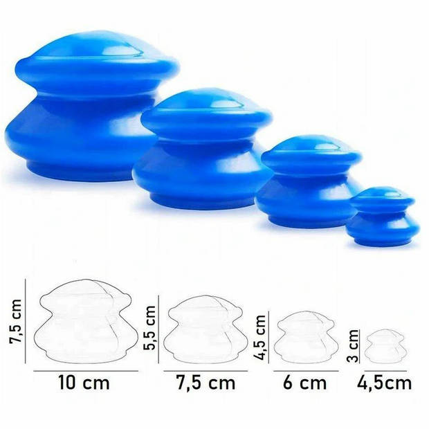 Cupping set om doorbloeding te stimuleren - Set van 4 afmetingen - Siliconen - Blauw