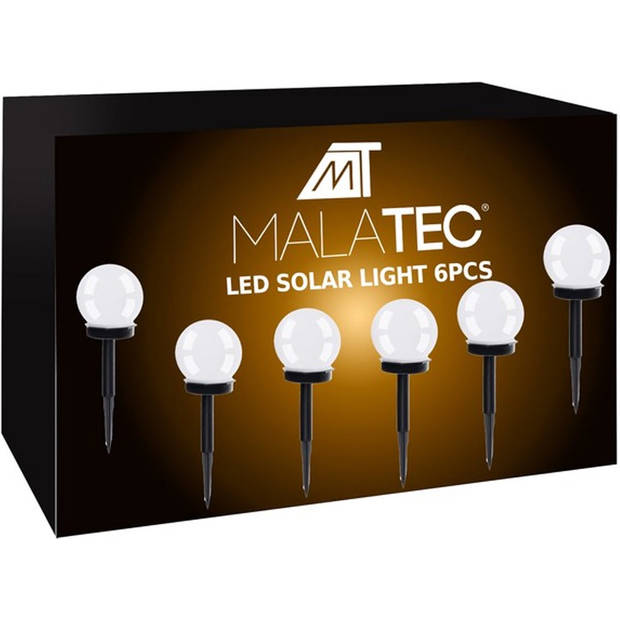 Malatec Solar tuinverlichting set 6 stuks met grondspies op zonne energie bolvormig 32cm hoog LED wit
