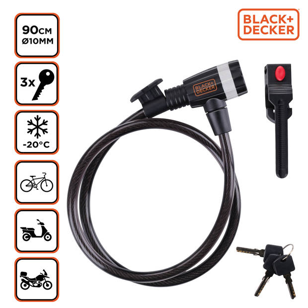 BLACK+DECKER Kabelslot BXCHBL70001 - Geschikt voor Fiets, Motor en Scooter - Lengte 90CM - Zwart