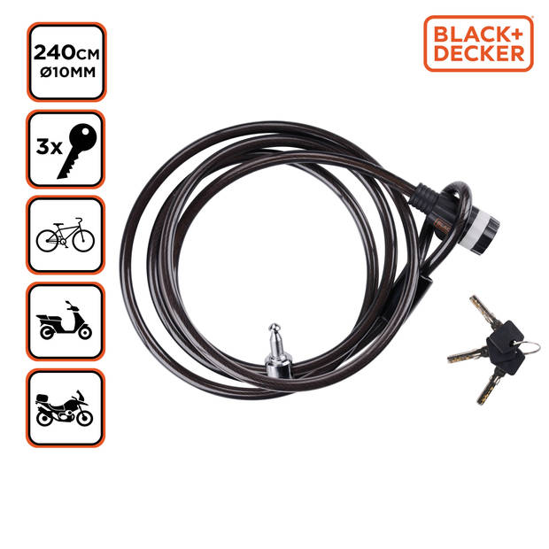 BLACK+DECKER Kabelslot BXCHBL7005 - Familie Fietsslot - Fiets, Motor en Scooter - Lengte 240 CM - Zwart