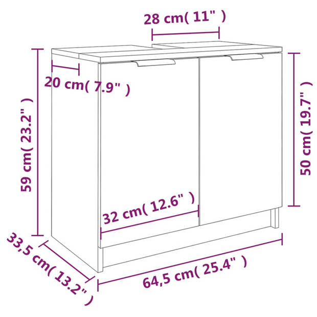 vidaXL Badkamerkast 64,5x33,5x59 cm bewerkt hout zwart