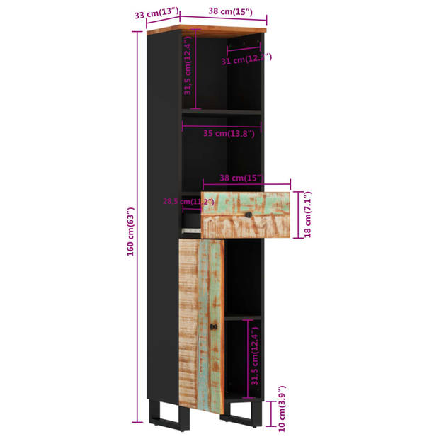 vidaXL Badkamerkast 38x33x160 cm massief recycled hout