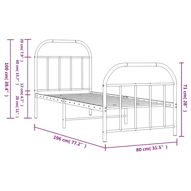 vidaXL Bedframe met hoofd- en voeteneinde metaal zwart 75x190 cm