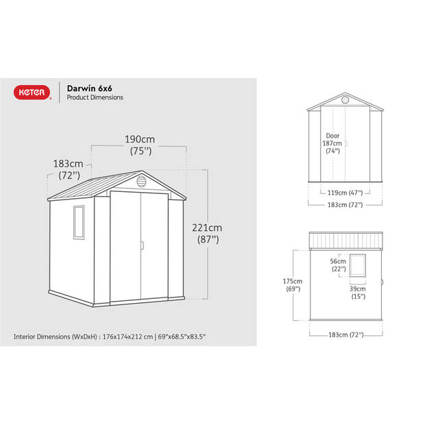 Keter Darwin 66 Tuinhuis - dubbele deuren + ramen - 190x183x221 cm - Grijs