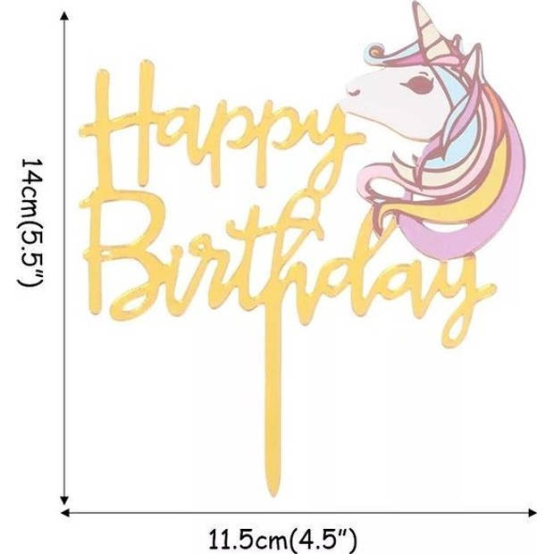 Cake topper happy birthday unicorn Goud - Eenhoorn taart versiering