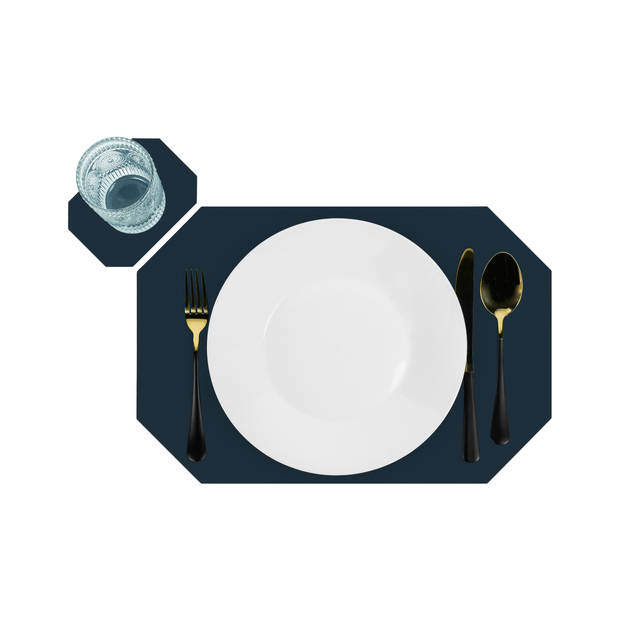 Krumble Placemat achthoekig + onderzetter - PU Leder - Blauw - Set van 8