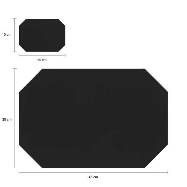 Krumble Placemat achthoekig + onderzetter - PU Leder - Zwart - Set van 8