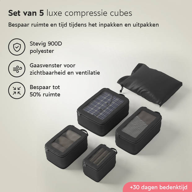 ONYX® compressie packing cubes - 5 stuks - Bagage organizers met compressie rits - Voor koffers en tassen - Zwart