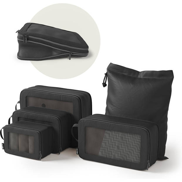 ONYX® compressie packing cubes - 5 stuks - Bagage organizers met compressie rits - Voor koffers en tassen - Zwart