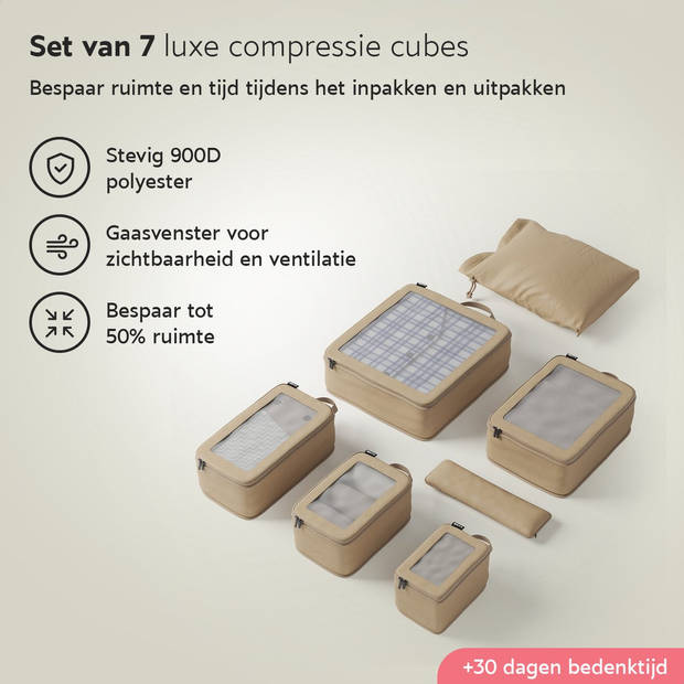 ONYX® Compressie Packing Cubes - 7 stuks - Bagage organizers met compressie rits - Voor koffers en tassen - Beige