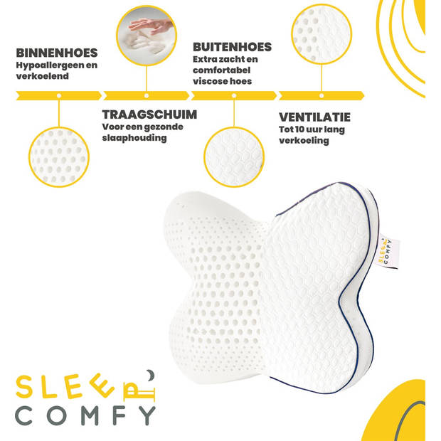Sleep Comfy - Traagschuim Hoofdkussen - Geschikt voor rug-, zij-en buikslapers - Butterfly Visco Kussen 55x46x13 cm