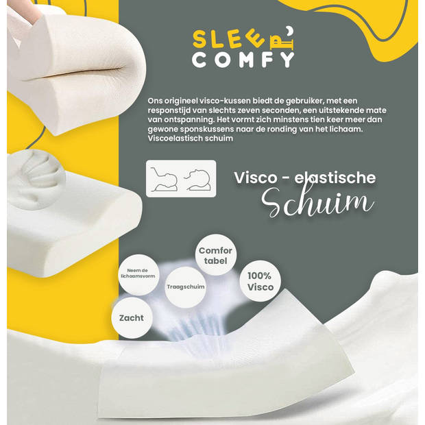 Sleep Comfy - Traagschuim Hoofdkussen - Geschikt voor rug-, zij-en buikslapers - Neksteun Kussen-XXL 60x40x14/12 cm