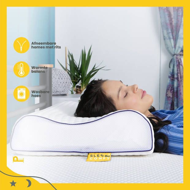 Sleep Comfy - Traagschuim Hoofdkussen - Geschikt voor rug-, zij-en buikslapers - Neksteun Kussen-XXL 60x40x14/12 cm